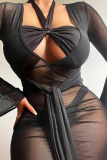 Black Sexy Solid Mesh V Neck Pencil Skirt Dresses