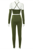 Green Sexy Casual Solid Hollowed Out Backless Halter Long Sleeve Two Pieces