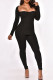 Black Fashion Casual Solid Slit Square Collar Long Sleeve Two Pieces