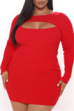 Pink Sexy Casual Solid Hollowed Out O Neck Long Sleeve Dresses