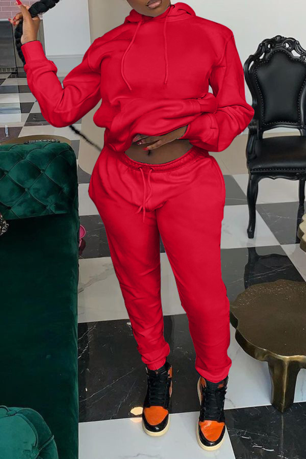 Red Casual Solid Patchwork Hooded Collar Long Sleeve Two Pieces