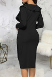 Black Casual Solid Split Joint Flounce Asymmetrical V Neck One Step Skirt Dresses