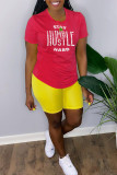 Red Street Daily Print Patchwork Letter O Neck T-Shirts