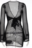 Black Sexy Solid Mesh V Neck Pencil Skirt Dresses