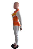 Orange Casual Sportswear Striped Patchwork Zipper Collar Long Sleeve Two Pieces