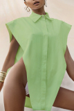 Green Casual Solid Split Joint Turndown Collar Tops