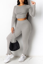 Grey Sexy Solid Split Joint Frenulum Backless O Neck Long Sleeve Two Pieces