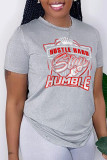 Grey Fashion Vintage Print Patchwork Letter O Neck T-Shirts