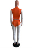 Orange Casual Sportswear Striped Patchwork Zipper Collar Long Sleeve Two Pieces
