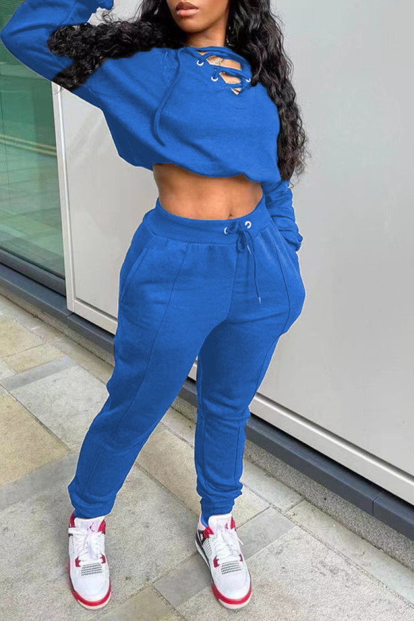Blue Casual Solid Patchwork Frenulum V Neck Long Sleeve Two Pieces