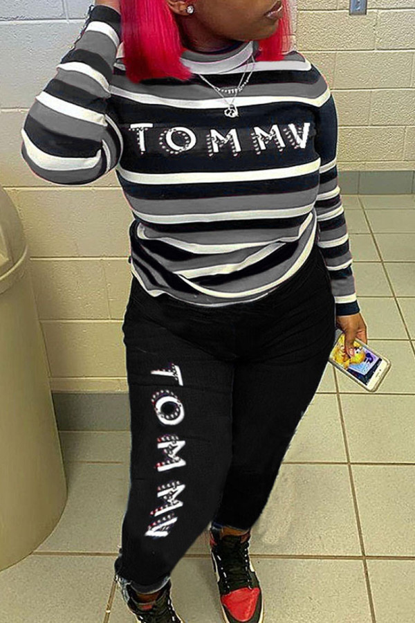 Grey Casual Striped Print Patchwork O Neck Long Sleeve Two Pieces