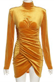 Yellow Fashion Casual Solid Asymmetrical Half A Turtleneck Long Sleeve Dresses