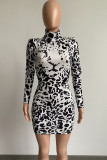 Black White Fashion Casual Print Basic Turtleneck Long Sleeve Dresses