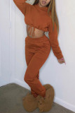 Brown Fashion Casual Solid Basic Hooded Collar Long Sleeve Two Pieces