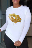 Rose Red Fashion Casual Lips Printed Basic O Neck T-Shirts