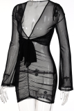 Black Sexy Solid Mesh V Neck Pencil Skirt Dresses
