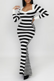 Black And White Casual Striped Print Patchwork Square Collar Long Sleeve Dresses