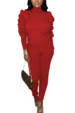 Red Fashion Casual Adult Solid Fold O Neck Long Sleeve Hubble-Bubble Sleeve Regular Two Pieces