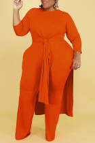 Tangerine Red Casual Solid Split Joint Slit O Neck Long Sleeve Two Pieces