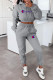 Grey Fashion Street Print Letter Hooded Collar Long Sleeve Two Pieces