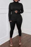 Coffee Casual Solid Patchwork Half A Turtleneck Long Sleeve Two Pieces