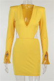 Rose Red Sexy Casual Solid Hollowed Out V Neck Long Sleeve Dresses