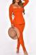 Orange Fashion Casual Solid Slit Square Collar Long Sleeve Two Pieces