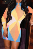 Yellow Sexy Print Patchwork Half A Turtleneck Pencil Skirt Dresses