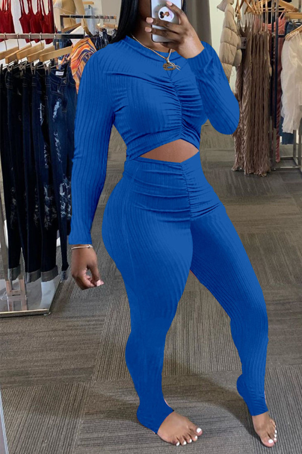 Blue Sexy Solid Hollowed Out Patchwork Fold O Neck Regular Jumpsuits