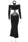 Black Fashion Sexy Solid Hollowed Out O Neck Long Sleeve Two Pieces