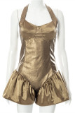 Gold Fashion Sexy Solid Bandage Backless Halter Regular Romper