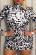 Black White Fashion Casual Print Basic Turtleneck Long Sleeve Dresses