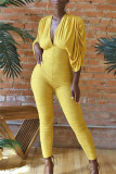 Yellow Fashion Casual Solid Bandage Backless V Neck Skinny Jumpsuits