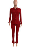 Rose Red Casual Solid Patchwork Buckle Turndown Collar Long Sleeve Two Pieces