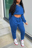 Blue Casual Solid Patchwork Frenulum V Neck Long Sleeve Two Pieces