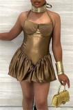 Gold Fashion Sexy Solid Bandage Backless Halter Regular Romper