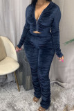 Dark Blue Fashion Sexy Adult Pleuche Solid Fold Hooded Collar Long Sleeve Regular Sleeve Regular Two Pieces