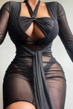 Black Sexy Solid Mesh V Neck Pencil Skirt Dresses