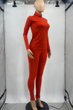 Red Casual Solid Split Joint Turtleneck Long Sleeve Two Pieces