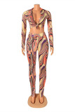 Black Sexy Casual Print Bandage Turndown Collar Long Sleeve Two Pieces