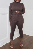 Coffee Casual Solid Patchwork Half A Turtleneck Long Sleeve Two Pieces
