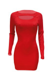 Pink Sexy Casual Solid Hollowed Out O Neck Long Sleeve Dresses