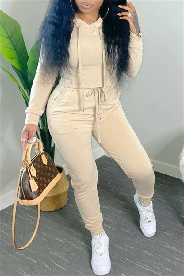 Beige Fashion Casual Solid Basic Hooded Collar Long Sleeve Two Pieces