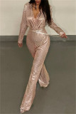 Pink Fashion Casual Solid With Belt V Neck Regular Jumpsuits