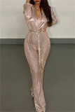 Pink Fashion Casual Solid With Belt V Neck Regular Jumpsuits