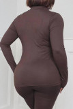 Coffee Casual Solid Patchwork Half A Turtleneck Long Sleeve Two Pieces