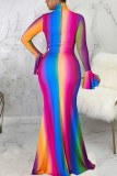 Multicolor Casual Elegant Print Patchwork Turtleneck Long Sleeve Dresses
