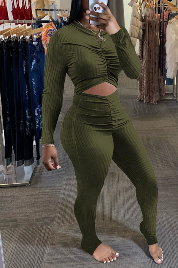 Army Green Sexy Solid Hollowed Out Patchwork Fold O Neck Regular Jumpsuits