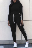Black Casual Solid Patchwork O Neck Long Sleeve Two Pieces