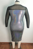 Black Fashion Sexy Patchwork See-through O Neck Long Sleeve Plus Size Dresses